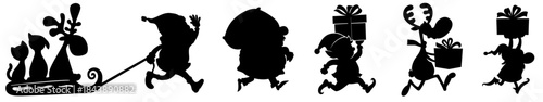Christmas Characters Running with Gifts – Santa, Elf, Reindeer, Dog and Cat Holiday Silhouette Set
