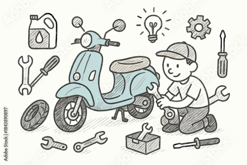 Cartoon mechanic repairs scooter with tools in hand-drawn style