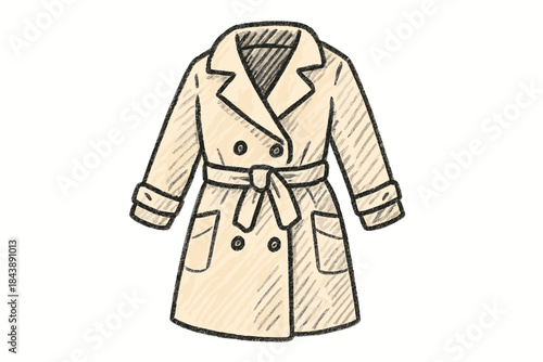 Hand drawn beige trench coat with belt and pockets