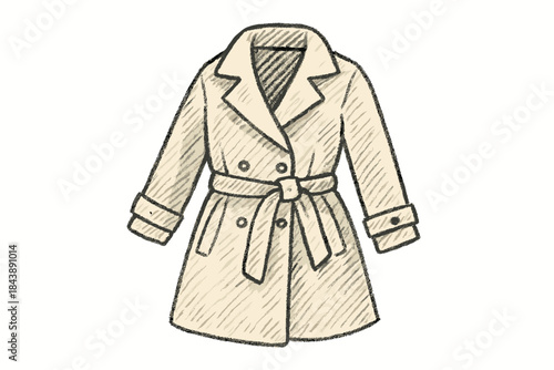 Stylish beige trench coat with belt sketch on white background for fashion design