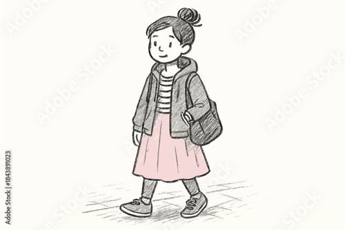 Charming sketch of a casual young girl strolling in a hoodie and skirt
