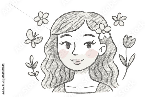 Chalk style portrait of a girl with floral elements and butterflies