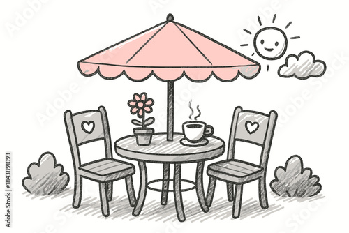 Charming hand-drawn outdoor café scene with table and chairs under umbrella