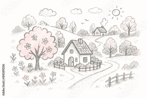 Charming hand drawn rural landscape with blossoming trees and cozy cottage