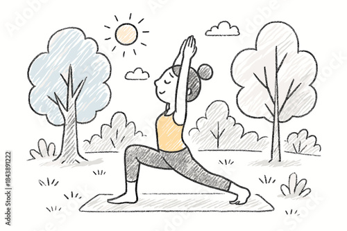 Peaceful yoga in nature scene with cute pencil sketch style and woman practicing outdoors