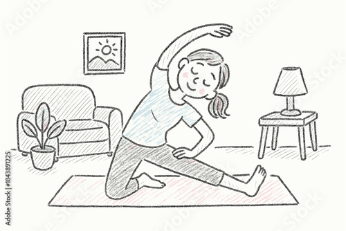 Charming sketch of a woman practicing yoga at home in cozy living room setting