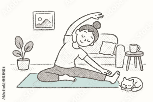 Cozy sketch of a woman practicing yoga at home with a cat