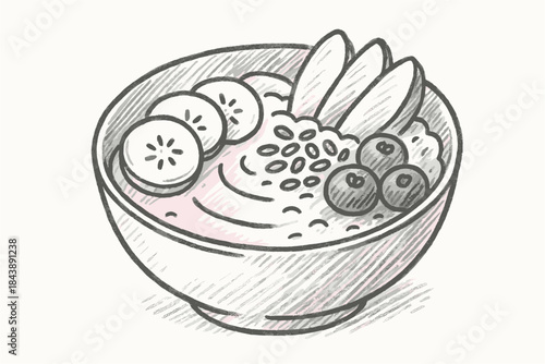 Sketch style smoothie bowl with fresh fruit and seeds in a bowl