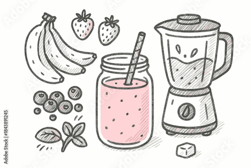 Hand-drawn smoothie ingredients with blender and fresh fruit in a jar