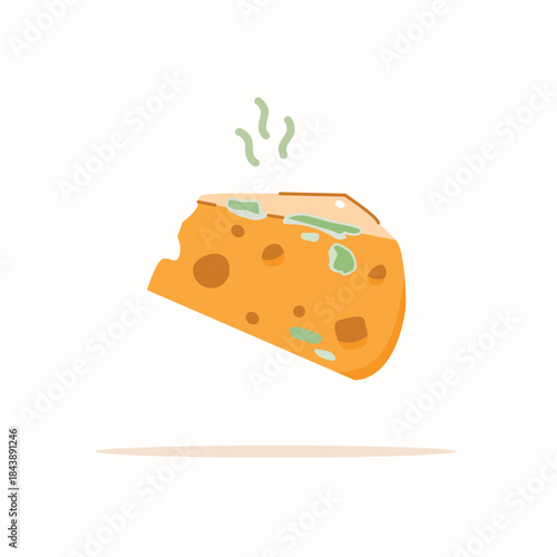 Illustration of rotten cheese in flat style, disease-carrying food isolated. A piece of moldy garbage. Food waste