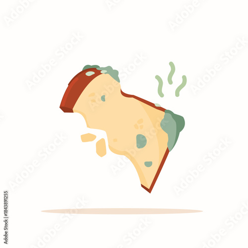 Illustration of a stale sandwich in flat style, a disease-carrying food isolated. A piece of moldy bread. Leftover food, breakfast snack.