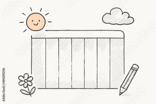 Hand drawn weekly planner with happy sun and pencil doodle design