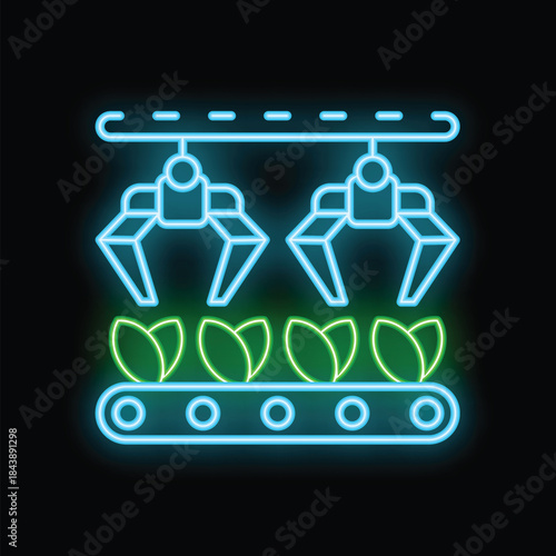 Neon style icon of robotic arms moving seedlings on a conveyor belt, representing automation in agriculture