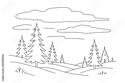 Minimalist black and white forest landscape with pine trees and clouds