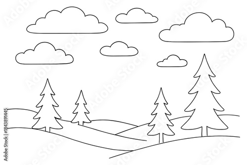 Tranquil landscape with evergreen trees and clouds in minimalist style