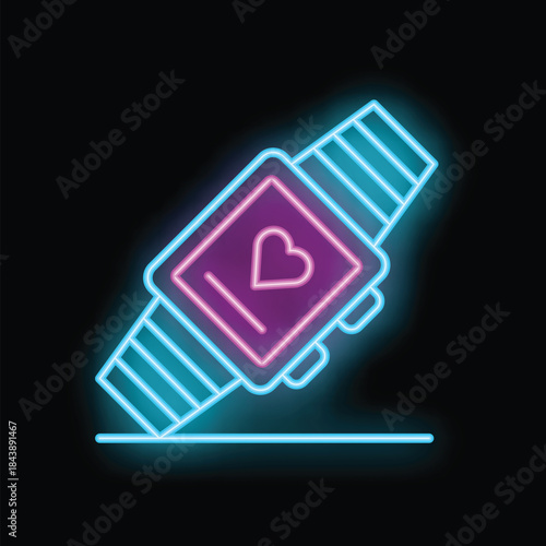 Neon glowing smart watch displaying heart rate icon on black background, concept of wearable technology for health monitoring