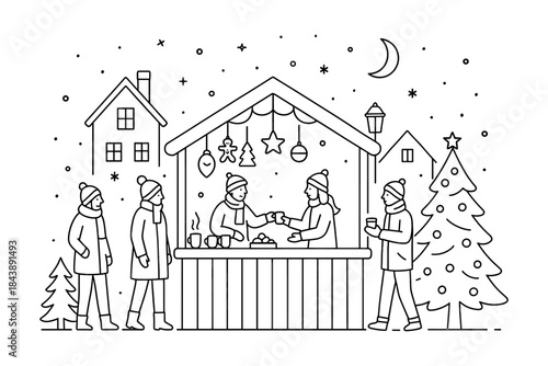 Winter market stall in a festive town with people enjoying hot drinks under a starry night