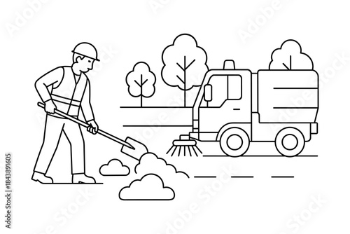 Worker and sweeper truck cleaning urban street in linear style