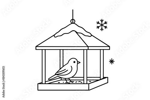 Winter bird feeder with snowflake and bird in minimal line art style