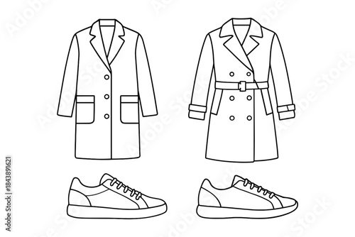 Minimalist outline of coats and sneakers for fashion design concepts