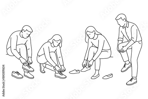 Illustrative depiction of people trying on shoes in linear style