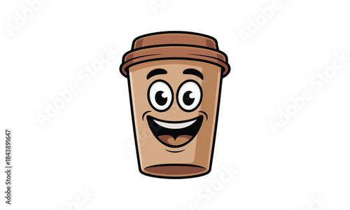 Happy Cartoon Coffee Cup With Face On White background.