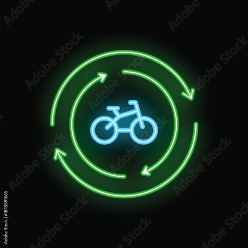 Neon sign illustrating bike sharing concept with a bicycle surrounded by circular arrows