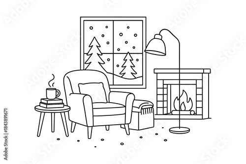 Cozy winter living room scene with armchair, fireplace, and snowy view in linear style