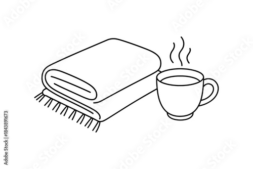Cozy minimalist line art: blanket and hot drink for relaxation