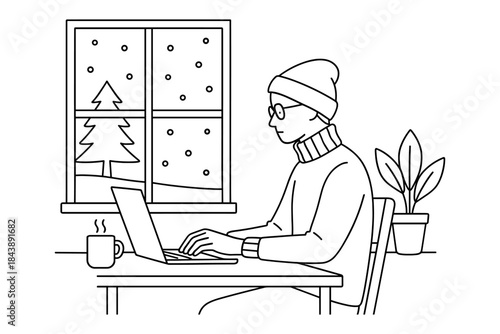 Cozy winter scene of person working remotely by a snowy window with coffee and plants