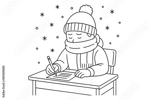Cozy winter classroom scene with student drawing in cold weather