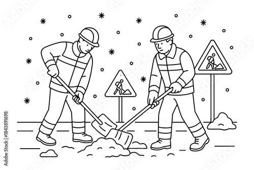 Winter road maintenance: workers clearing snow in black and white linear art