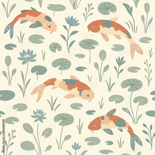 Koi Fish Koy Lily Pad Aquatic Bloom Pond Lake Gold Fish Pretty Soft Background Lotus Leaf Marsh Vector Print Design