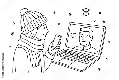 Winter online romance: cozy virtual connection with technology and love