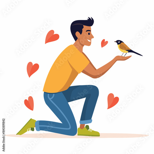 A kind man kneels to offer a gentle hand, a small bird perched safely, surrounded by floating hearts, illustrating a heartwarming connection to nature