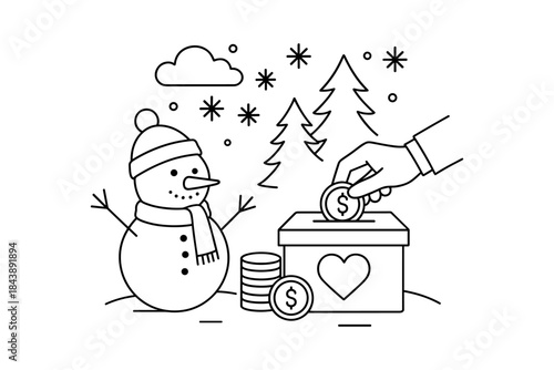 Simple holiday giving scene with snowman, coins, and charitable donation