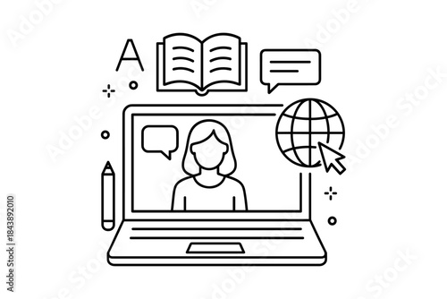 Online learning concept with laptop and communication icons in linear style