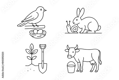 Simple farm life outline with bird, rabbit, cow, and plant elements
