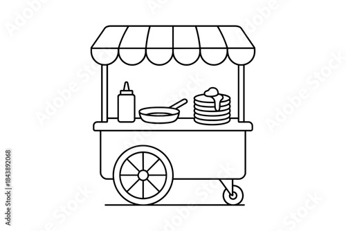 Linear outline of street food cart with pancakes and condiments