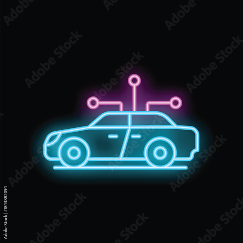 Neon icon of a self driving autonomous driverless car glowing on a dark background