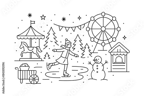 Winter wonderland festivities with ice skating and ferris wheel in linear design