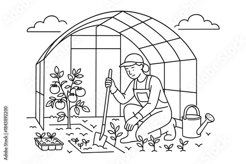 Gardener tending to plants in greenhouse with linear design