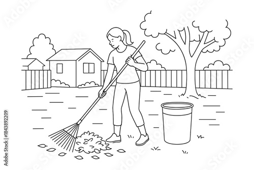 Line art of woman raking leaves in a garden setting with trees and houses