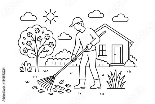 Gardener raking leaves in a simple landscape with house and tree under a sunny sky