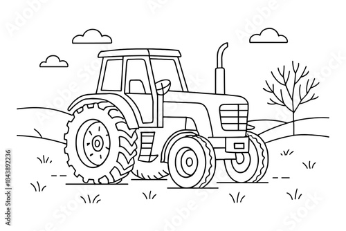 Outline drawing of tractor on rustic farm landscape with rolling hills