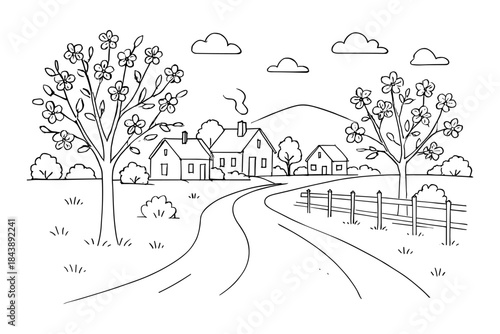 Charming rural landscape in linear outline with countryside houses and blooming trees