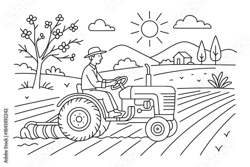 Farmer driving tractor in sunny countryside with mountains and trees linear art