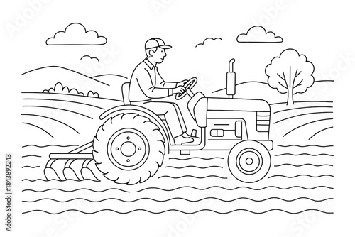 Farmer driving tractor on field with plow in line art style