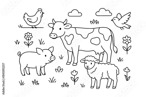 Farm animals in pasture: black and white cartoon scene with cow, chicken, pig, and sheep