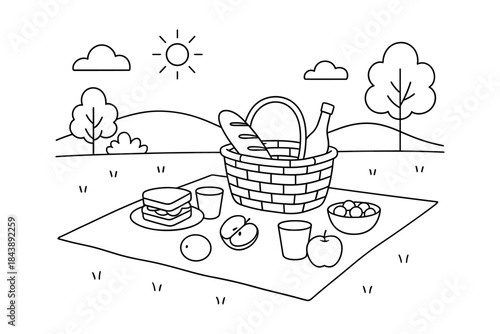 Scenic outdoor picnic illustration with basket, food, and nature in linear style